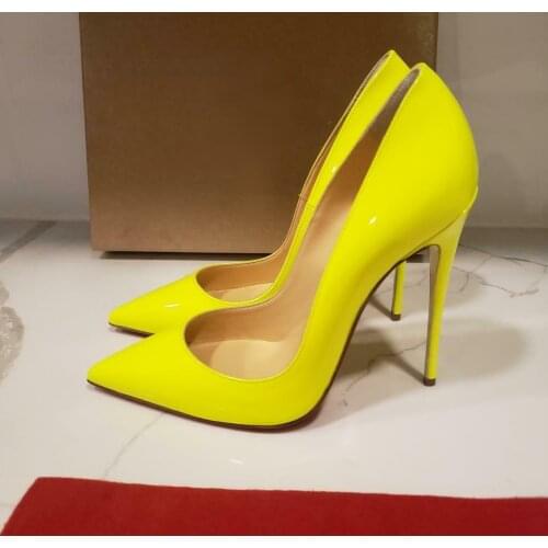 Free shipping fashion women pumps sexy lady neon yellow patent leather point toe high heels Stiletto shoes 12cm 10cm