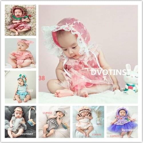Dvotinst Baby Girls Photography Props Mesh Floral Dresses+Bonnet Hat 2pcs Set for 6-10M Fotografia Studio Shoots Photo Props