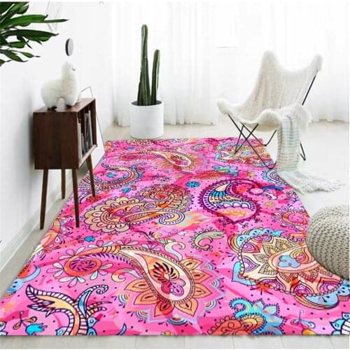 Ethnic Style Rose Red Pink Geometry Floral Carpet Bedside Table Bedroom Rug Girl Room Floor Mat Bedside Mat Hallway Carpet