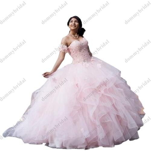 2021Beautiful Blush Pink Detachable Sleeves Ball Gown Cheap Quinceanera Prom Dress Ruffled Tulle 3D Floral Flowers Graduation