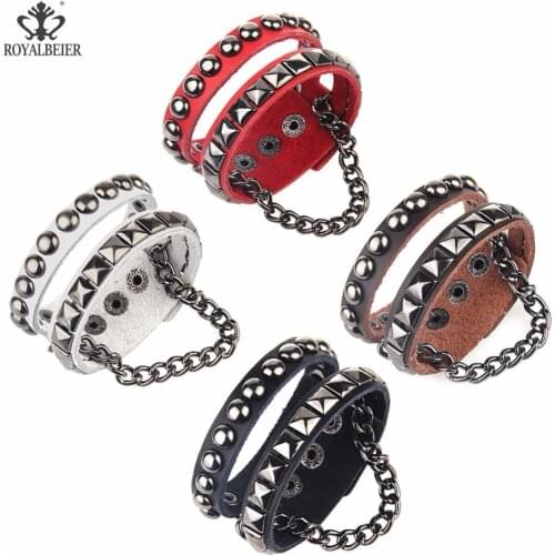 ROYALBEIER Multilayer Leather Rivet Stud Wrap Wristband Cuff Punk Crystal Rhinestone Bracelet Bangle Style Bracelets&Bangles
