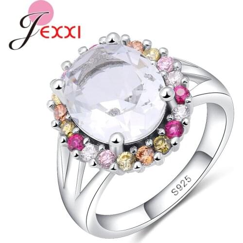 Fashion Oval Crystal With Multi-color Stones Rings Wedding Silver Rings For Girls 925 Sterling Silver Rings For Women Girl