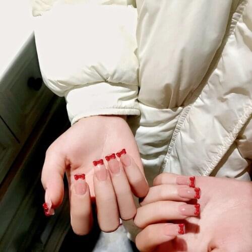 Fashion Glamour Red Bow Fake Nail Pieces DIY Nail Art Jewelry Decoration Supplies 24pcs