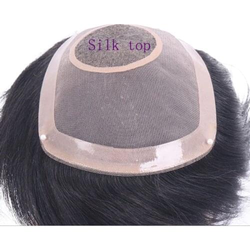 Mens Toupee Silk base +Fine Mono Net PU Around Natural Looking Hairline Durable Hairpieces Remy Human Hair Replacement System