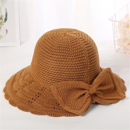 New Womens Beach Hat Wide side Female Casual Hat Lady Bowknot Sun Hat Women Dome hat seaside knitted sunscreen open fashion