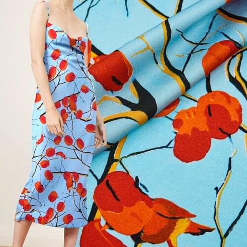 2021NEW Persimmon red digital painting stretch satin silk fabric for dress shirt bazin riche vestidos telas por metro tissu DIY