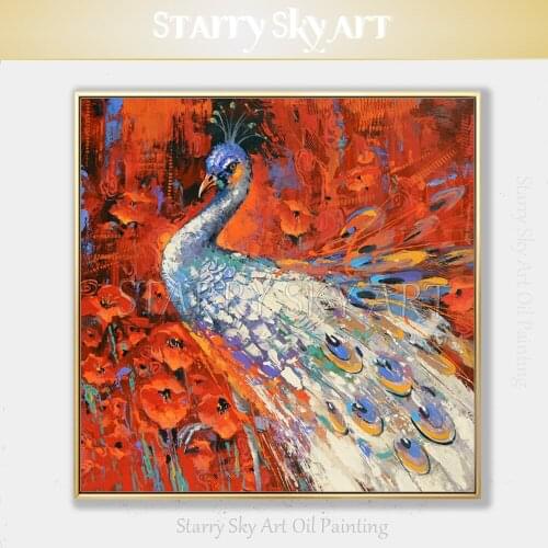 New Arrivals Artist Pure Hand-painted High Quality White Peacock Oil Painting on Canvas Beautiful Peacock With Flowers Painting