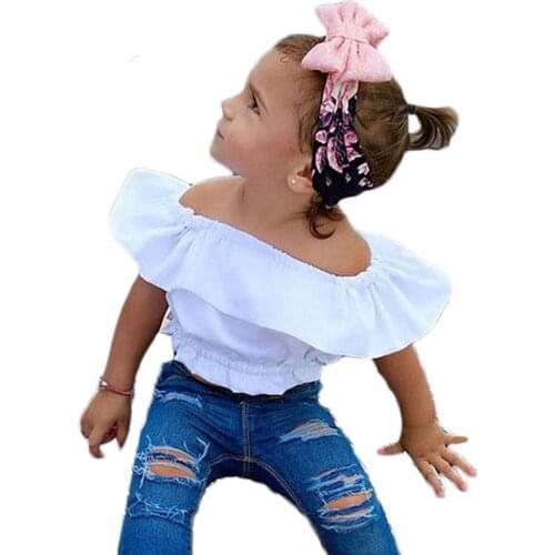 New Europe Style Summer Fashion Sets of Clothes for Girls White Tops + Hole Jeans for Girls Clothes Childrens Suit Cute Girls