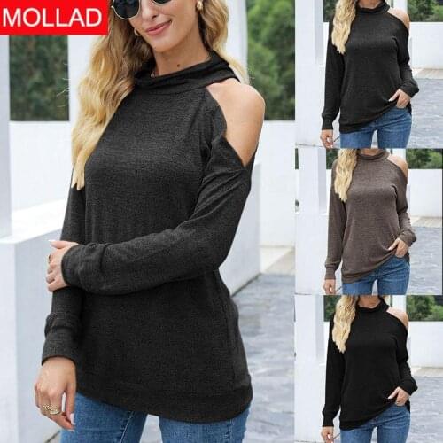 2021 Autumn and Winter Womens Clothing New Solid Color Long-Sleeved off-Shoulder Small Turtleneck Top One-Shoulder Sweater
