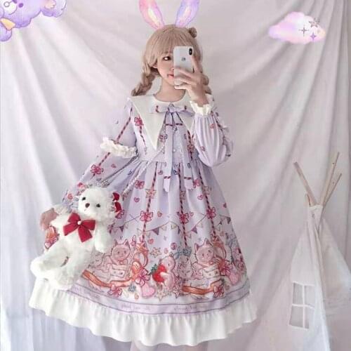 Japanese Peter Pan Collar Cosplay Cartoon Lolita Style Bandage Bow Sweet Full Sleeve Dress Kawaii Ruffles Vitality Fluffy Dresse