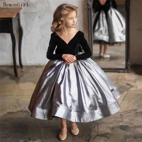 Puffy Girls Pageant Dress Velvet Top Long Sleeves Flower Girl Dress Princess Prom Party Gown For Kids