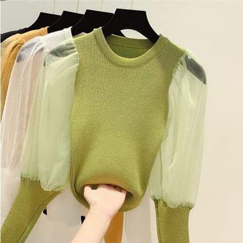 Mesh Top Long sleeve Puff sleeve Top Knitted Women Blouse Slim fit Korean Fashion Clothing Solid Color Black White