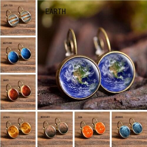 Solar System Sun Earth Mars Jupiter Planet Earrings Bronze Plated Women Glass Cabochon Earrings Space Universe Jewelry 2019