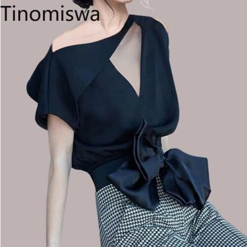 Tinomiswa Women Two Piece Set Bow Knot Lace Up Short Sleeve Shirts High Waist Plaid Skirts French Style Vintage 2 Pieces Sets