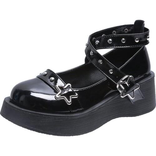 Mary Janes Shoes Women Lolita Shoes Star Buckle Cross-tied Platform Shoes Patent Leather Girls Shoes Rivet Casual Shoes Woman