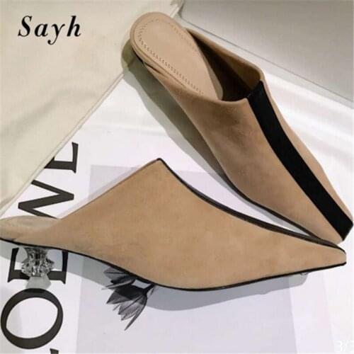 Fashion Luxury Brand Women Suqare Toe Mules Pumps Slipper High Crystal Heels Patchwork Shoes Office Lady slip-on Stilettos