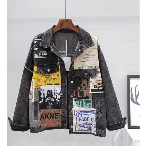Autumn New Fashion Patch Designs Denim Jacket Women Loose Letter Print Irregular Long sleeve Jeans Jacket Coat Streetwear Female