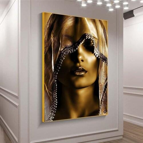 The Woman Under Headscarf Canvas Painting Gold Wall Art Posters and Prints Modern Home Decoration Luxury Wall Paintings Mural