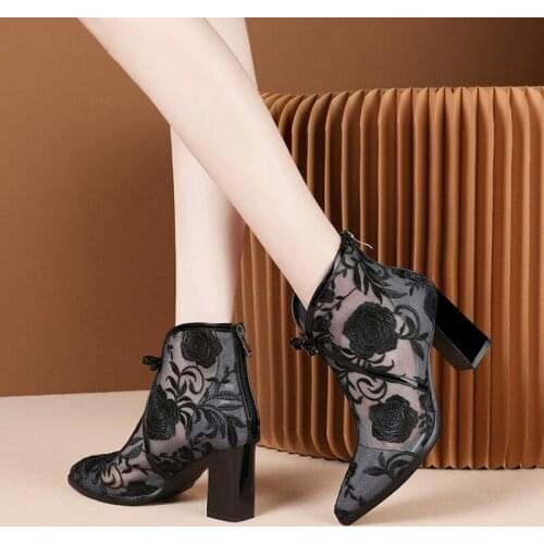 OLOMLB Womens Mesh Floral High Heels Shoes Embroidery Flower Bowtie Ankle Boots Summer Block Heel Ethnic Breathable Real Leather