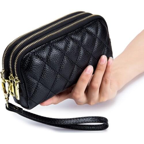 Women 3 Zipper Purse Wallet Black Quilted Designer Coin Purse For Changes Cow Genuine Leather Day Clutches Small Wristlet Bag