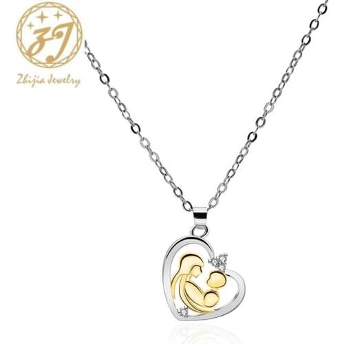 Zhijia love heart shape crystal rhinestone mom children pendant necklace for women mothers day gifts