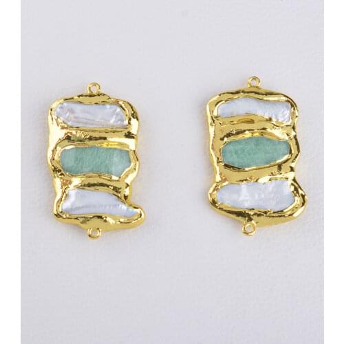 2pcs Cultured White Biwa Pearl Amazonite Pendant Double Ring Metal Bezel Connector Jewelry Making DIY