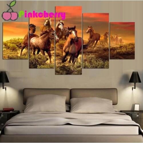 5 piece Diamond Painting Complete novelty Horse Animal Landscape Diamond puzzle mosaic Full embroidery set Multi-Panel,k1101