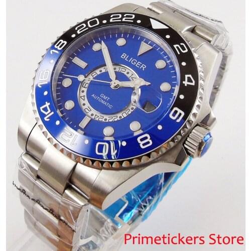BLIGER GMT 43mm blue dial blue black bezel date sapphire glass automatic mens watch