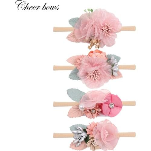 Baby Artificial Flowers Nylon Hair Bands for Girls Headband with Pearl Floral Head Band Newborn Headwear Hair Accessories