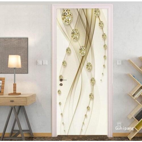 European Style Golden Luxury Ball Line Door Sticker Wallpaper 3D Home Design Painting Door Decals Pvc Self-Adhesive Wall Sticker