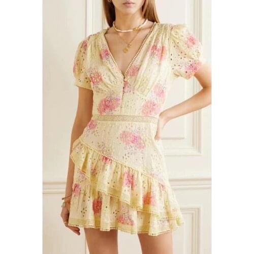 French V-neck Puff Sleeve Marathon Embroidery Waist Waist Waist Waist Waist Thin Yellow Printed Ruffled Rural Style Dress