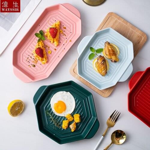 Nordic Under-glazing Colorful Porcelain Baking Plate Handle Ceramics Noodel Pasta Dinner Tableware Fruit Plate Tray Baking Dish