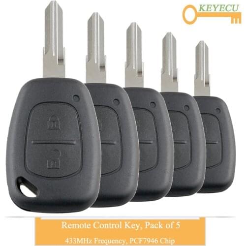 KEYECU 5PCS Remote Control Car Key for Renault Vivaro Traffic Master Clio Scenic Movano Kangoo, Fob 2Btn - 433MHz - PCF7946 Chip
