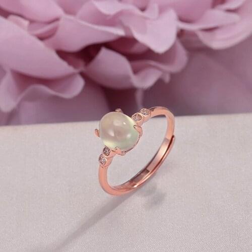 Rings For Women Fine Jewelry 925 Silver Natural Gemstone 8*7mm Prehnite Oval Green Adjustable Ring 18K Rose Gold Plated R-PR009