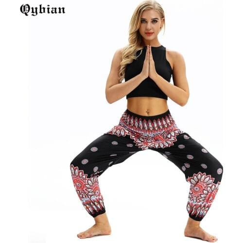 Qybian Autumn Boho Harem Pants Women Bohemian Beach Pant Hippie Pants Sun flower Print Trousers Women with Side Poecket