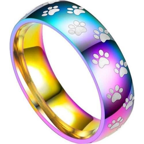Personalized Gifts Free Customize Engraved Name Rainbow Rings For Women Stainless Steel Pet Footprint Paw Ring Men Jewelry Gifts