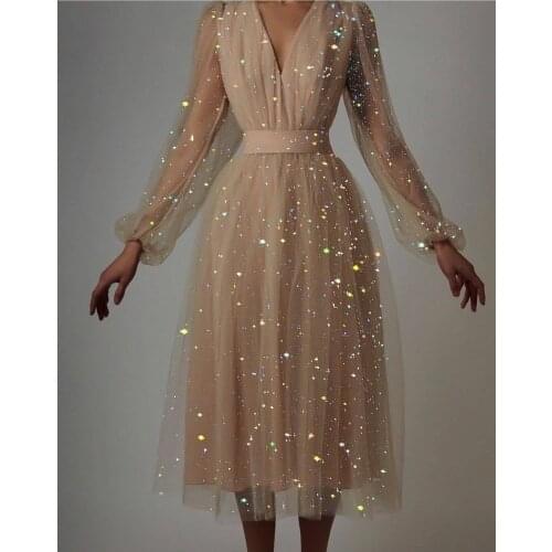 Graceful Women Sexy V-neck Party Dresses2021 Spring Best Selling Lady Lantern Sleeve Slim Waist Polka Dot Printing A-line Dress