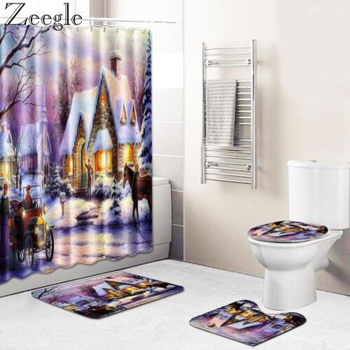 Zeegle Christmas Bath Curtain Waterproof Shower Curtain Anti-slip Bathroom Carpet Set Toilet Rug Absorbent Bath Mat Set Foot Mat