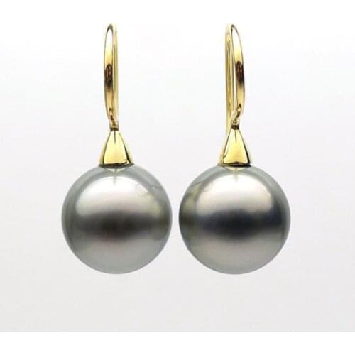 9K Yellow Gold AAA Round Gray Tahitian Cultured Pearl Hook Drop Earrings 10-11MM