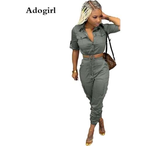 Adogirl Safari Style Solid Casual 2 Piece Suit Short Sleeve Crop Top and Pockets Cargo Long Pants Sporty Tracksuit