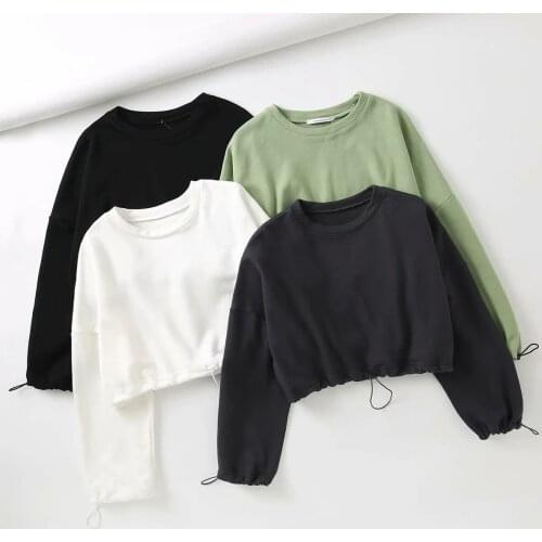 Women Solid Sweatshirts Autumn Long Sleeve Crop Top Sweat with Adjustable Drawstring Short Cropped Shirts Fashion Female Clothes