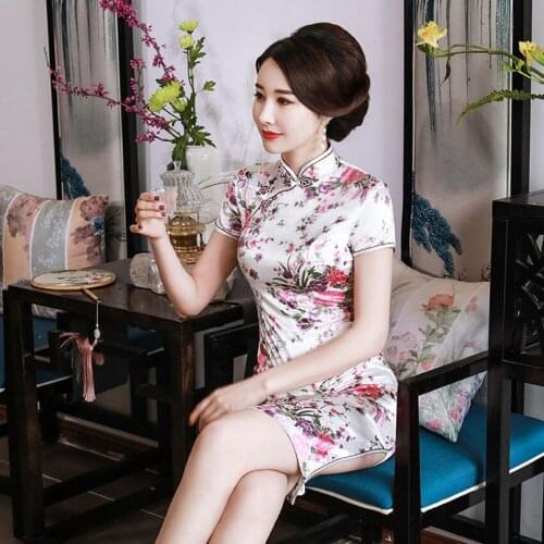 Chinese Traditional Dress for Women Elegant Daily Casual Cheongsam Sexy Short Sleeve Qipao Print Flower Bride Wedding Dress