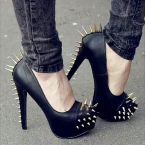 SEIIHEM SUPER Women Platform Pumps Studded Stiletto High Heels Sandals Faux Leather Club Party Shoes Woman Big Size 38 41 42 45