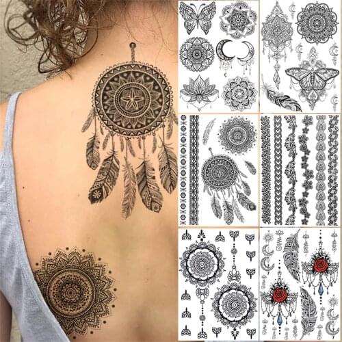 Sexy Mandala Flower Temporary Tattoos For Women Girl Adult Black Henna Tattoo Sticker Fake Dreamcatcher Feather Lotus Tatoo Back