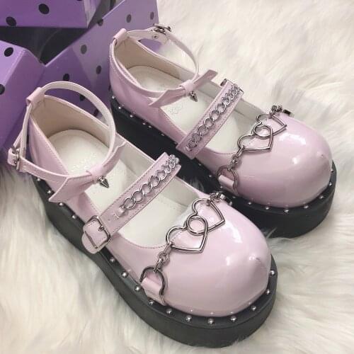 Womens Lolita Metal Buckle Round Toe Heart Chain Gothic Punk Pumps Shoes Creepers Japanese Harajuku Platform Black Pink 2021