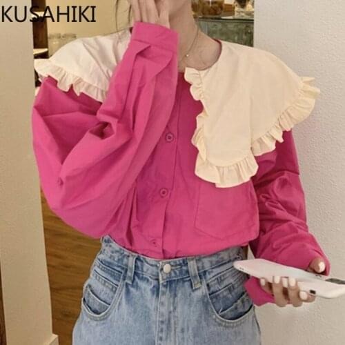 KUSAHIKI Chic Hit Color Peter Pan Collar Woman Shirts Causal Long Sleeve Top Blouses 2021 Autumn New Sweet Blusas Femme 6Z397