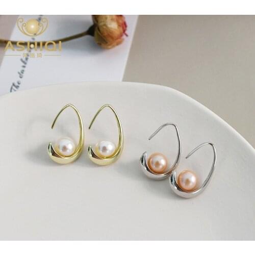 ASHIQI Genuine 925 Sterling Silver Moon Earrings for Women Natural Freshwater Perfect Round Pearl Jewelry 2021 Fashion Gift