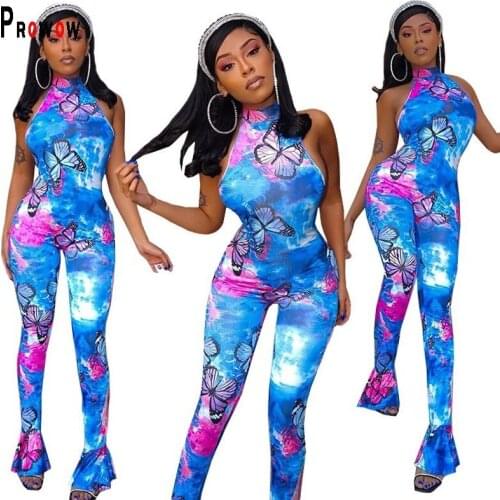 Prowow Butterfly Prints Womens Jumpsuits Fashion Backless Flare Summer Bodycon for Woman 2021 New Casual Summer Party Outfits