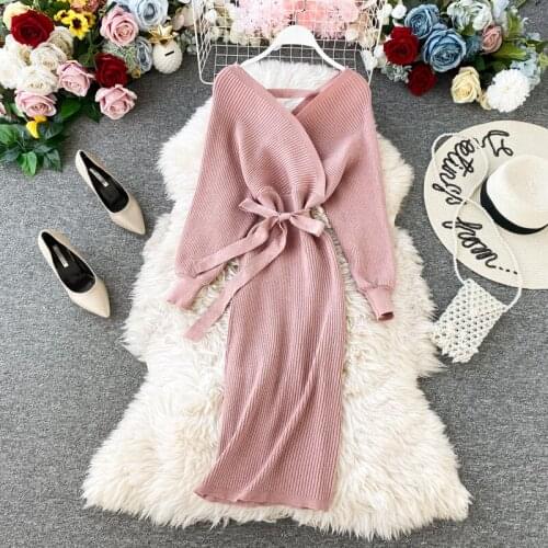 Sexy v-neck Women Knitted Long Dress 2020 Spring Batwing Sleeve Sashes Dress Solid Elegant Office Ladies Slim Sweater Dress