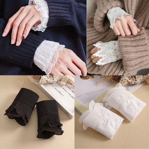 1 Pairs Detachable Shirt Pleated Sleeve False Cuffs Solid Color Pleated Layered Decorative Women Clothing Accessory